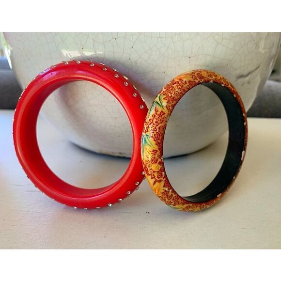 Red Lucite Rhinestone Bangle,1960s and Floral Wood Bangle - SET of 2, Unmarked - Picture 1 of 4